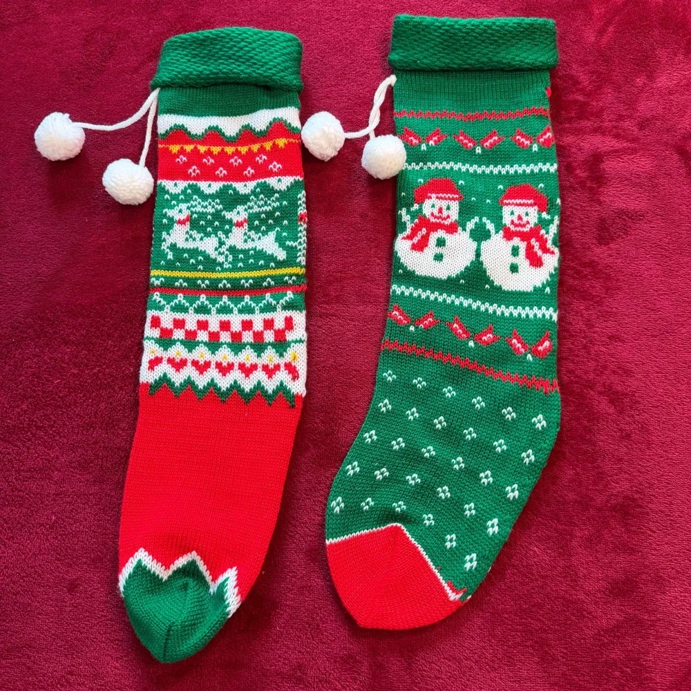 Vintage Knit Christmas Stockings Set of 2 Snowman Reindeer Pom Poms Red Green